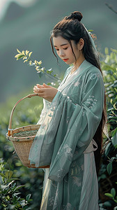 古典竹篓摄影照片_摄影图照片采茶女写真采茶