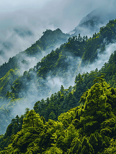 云雾罩山林树木