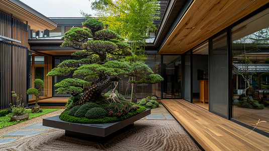 日式庭院松树盆景立体描绘摄影照片独特