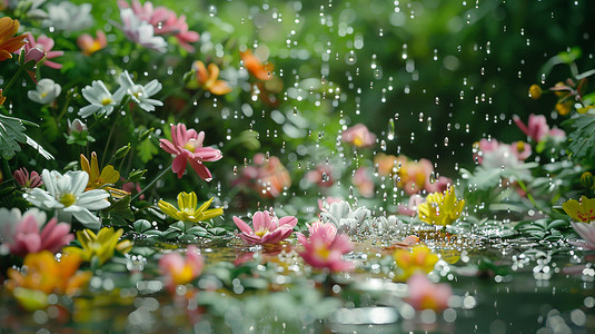 立体球图摄影照片_雨中花朵花海风景立体描绘摄影照片3d