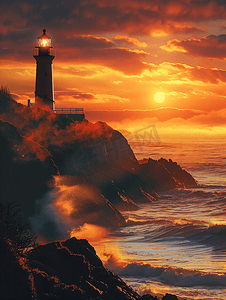 晚霞夕阳下的海边灯塔