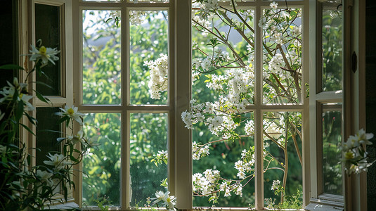 窗户花朵风景立体描绘摄影照片简约