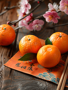 红色中国风新年摄影照片_年货橘子和春联
