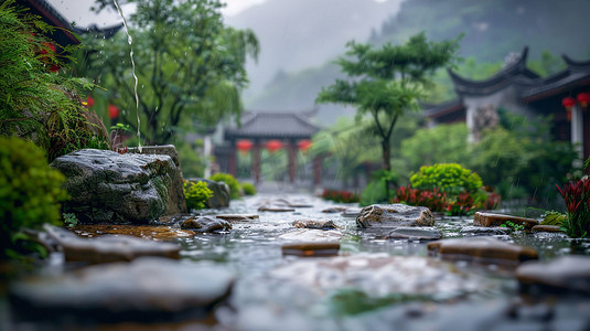 古风园林雨景模型立体描绘摄影照片艺术