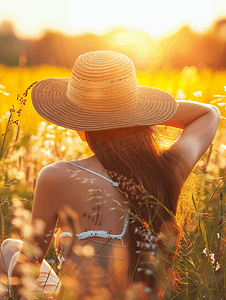 可爱系摄影照片_享受阳光的夏日女性背影