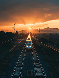 火车出行背景摄影照片_夕阳下驶来的高铁列车