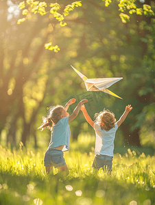 儿童教育摄影照片_草地上玩纸飞机的孩子们