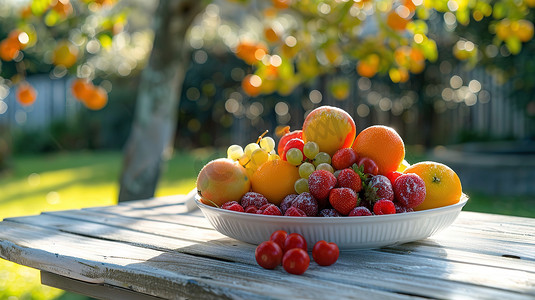 桌子上美味的水果盘高清摄影图