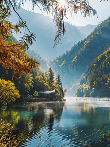 山水唯美意境风景摄影照片_九寨沟长海阳光