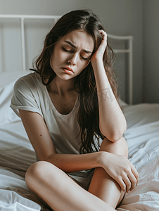 年轻女性失眠头痛坐在床上