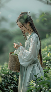 古典竹篓摄影照片_采茶女写真采茶摄影图照片