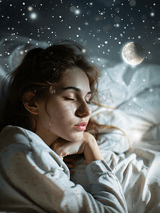 世界睡眠日睡觉摄影照片_夜晚失眠的居家女性