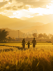 夕阳下走在稻田里的一家人背影