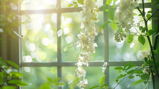 窗户花朵风景立体描绘摄影照片简单