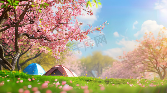 春天樱花树下露营摄影配图
