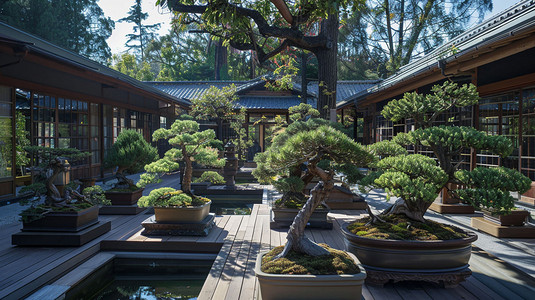 立体动感摄影照片_日式庭院松树盆景立体描绘摄影照片AIGC