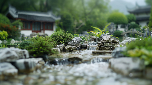 雨景摄影照片_古风园林雨景模型摄影照片