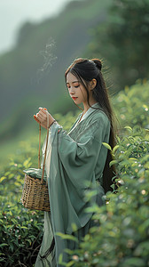 古典竹篓摄影照片_写真采茶女摄影图采茶照片