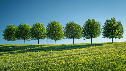 蓝天下一排绿油油的树摄影配图