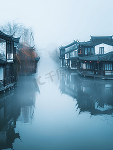 国风水墨山水背景摄影照片_充满中国风的江南水乡雾气景色