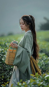 古典竹篓摄影照片_摄影图采茶女照片写真采茶