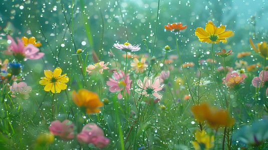 雨中花朵摄影照片_雨中花朵花海风景立体描绘摄影照片写实