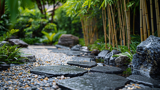 庭院竹林鹅卵石小径摄影照片写实