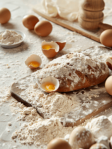 早餐素材摄影照片_面包和面粉蛋壳