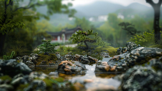 古风园林雨景模型立体描绘摄影照片图片