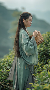 古典竹篓摄影照片_写真采茶女摄影图照片采茶