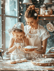 蛋糕素材摄影照片_温馨家庭母女手工烘焙
