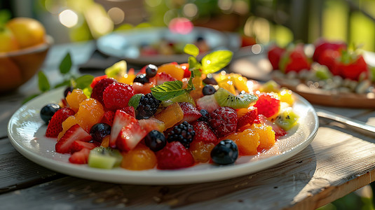 桌子上美味的水果盘摄影照片