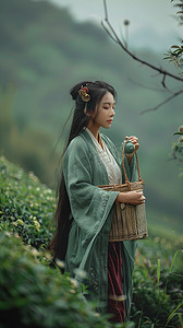古典竹篓摄影照片_采茶女摄影图写真采茶照片
