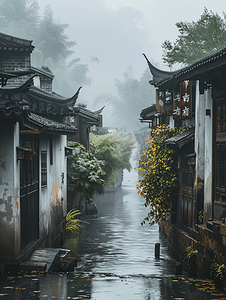 中国风摄影照片_充满中国风的江南水乡雾气景色