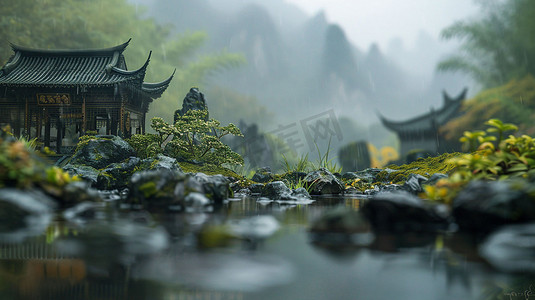 古风园林雨景模型立体描绘摄影照片特色