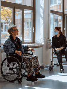 老年人瘫痪摄影照片_高级别的女性轮椅跟护士说话