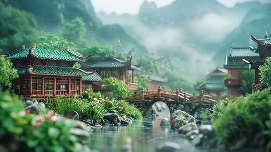 古风园林雨景模型立体描绘摄影照片简洁