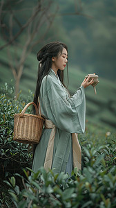 古典竹篓摄影照片_采茶采茶女摄影图写真照片