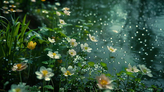 雨中花朵摄影照片_雨中花朵花海风景立体描绘摄影照片合成