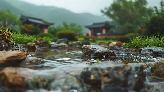 古风园林雨景模型摄影照片AIGC