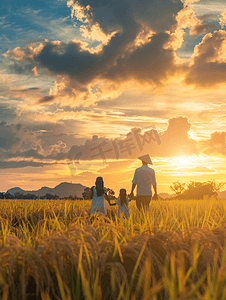 亲子欢乐摄影照片_夕阳下走在稻田里的一家人背影