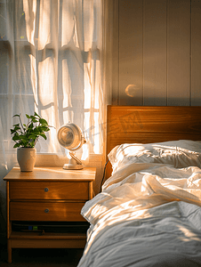 早安清晨摄影照片_清晨阳光洒进卧室床头柜