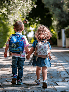 小学生开学日摄影照片_开学季手拉手去上学的同学们