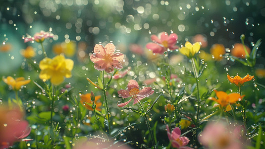 雨中花朵花海风景立体描绘摄影照片高级