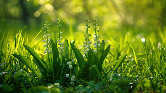 草地上的的白色铃兰花图片