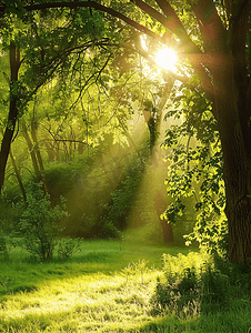 夏天树摄影照片_公园阳光束穿过树木森林