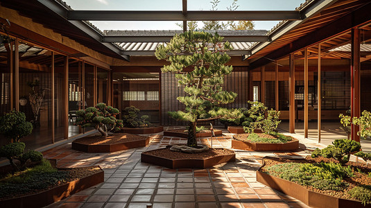 日式庭院松树盆景立体描绘摄影照片造型