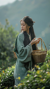 古典竹篓摄影照片_采茶女照片摄影图写真采茶