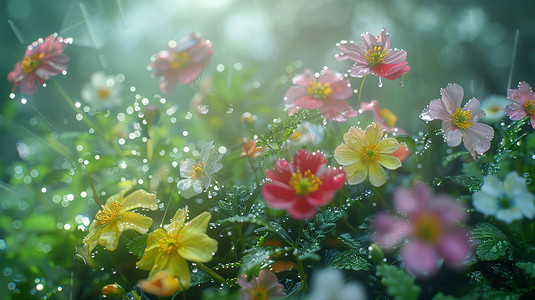 雨中花朵摄影照片_雨中花朵花海风景立体描绘摄影照片艺术