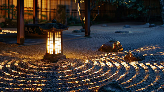 日式庭院装饰灯光摄影照片